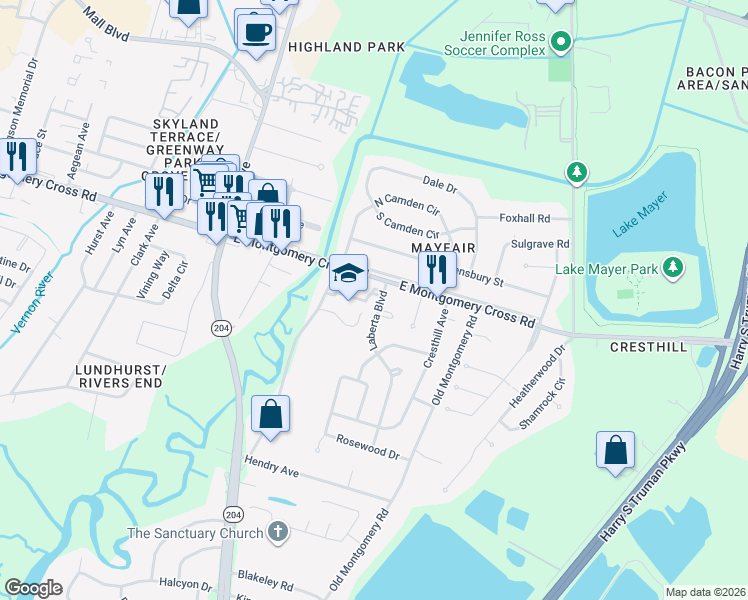 map of restaurants, bars, coffee shops, grocery stores, and more near 8417 Laberta Boulevard in Savannah
