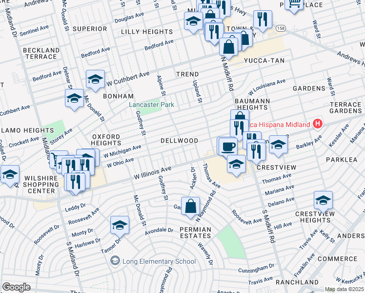 map of restaurants, bars, coffee shops, grocery stores, and more near 400 Alpine Street in Midland