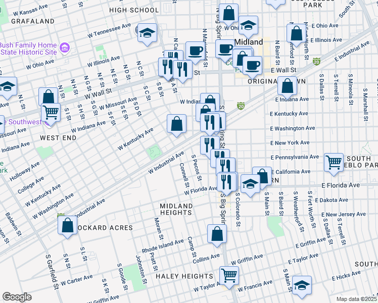 map of restaurants, bars, coffee shops, grocery stores, and more near 604 South Pecos Street in Midland