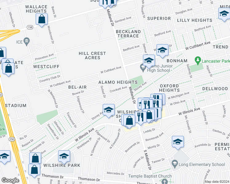 map of restaurants, bars, coffee shops, grocery stores, and more near 901 Alamo Drive in Midland