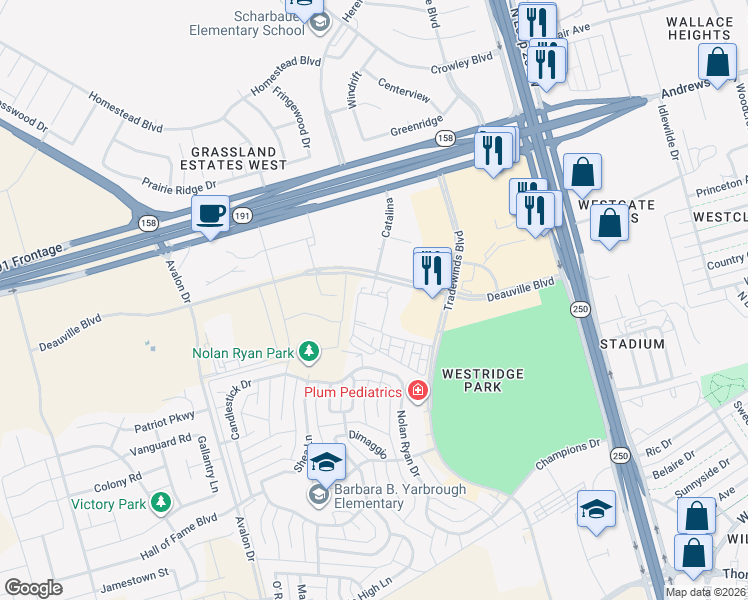 map of restaurants, bars, coffee shops, grocery stores, and more near 5801 Deauville Boulevard in Midland