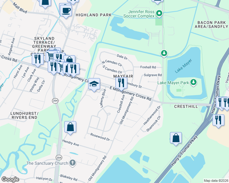 map of restaurants, bars, coffee shops, grocery stores, and more near 101 Royal Oak Court in Savannah