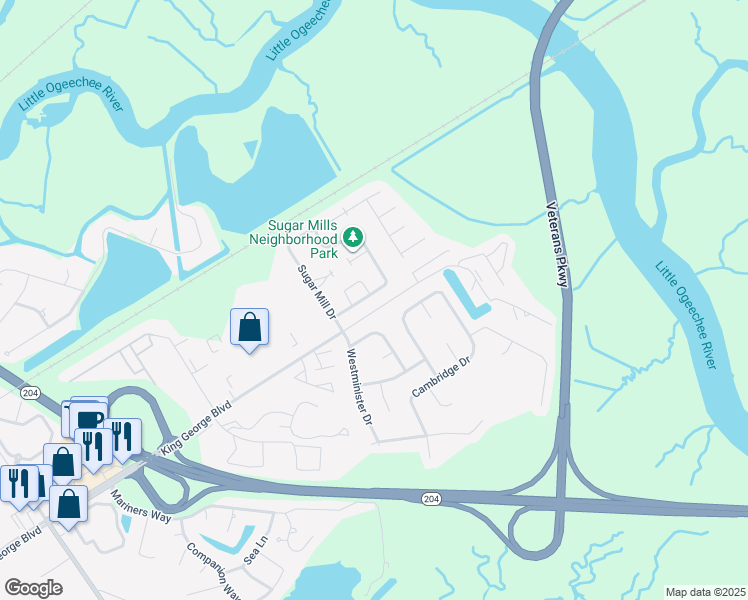 map of restaurants, bars, coffee shops, grocery stores, and more near 101 Huckleberry Court in Savannah