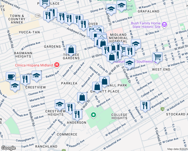 map of restaurants, bars, coffee shops, grocery stores, and more near 2607 Roosevelt Avenue in Midland