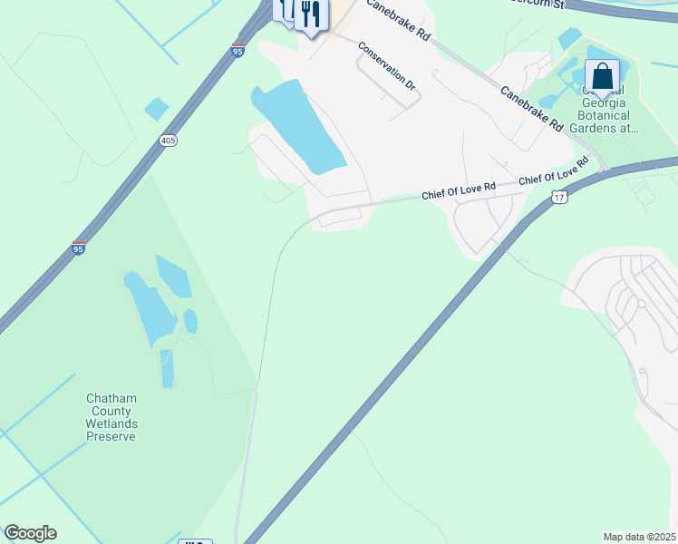 map of restaurants, bars, coffee shops, grocery stores, and more near 6301 Chief Of Love Road in Savannah