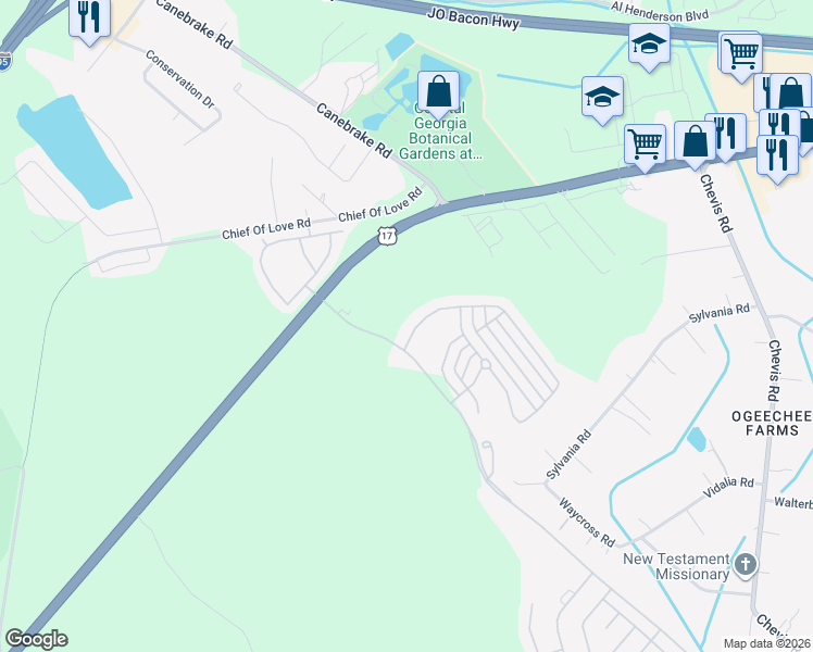 map of restaurants, bars, coffee shops, grocery stores, and more near 10 Ristona Drive in Savannah