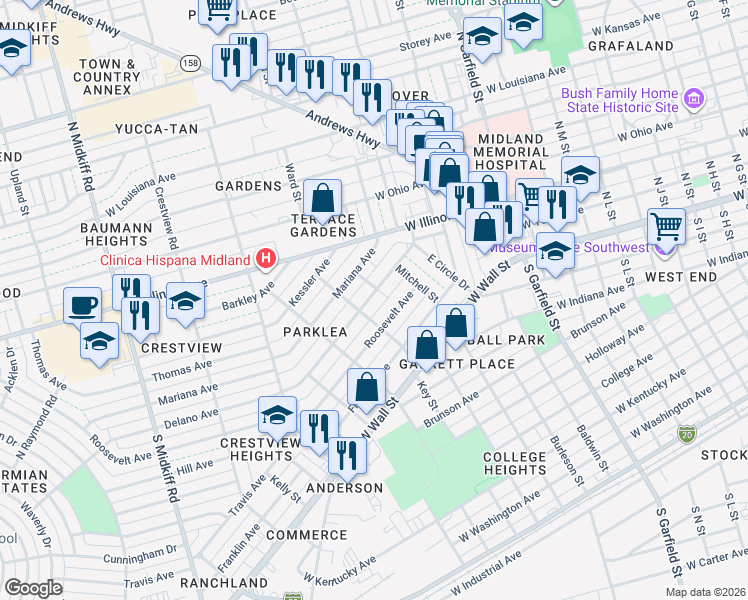 map of restaurants, bars, coffee shops, grocery stores, and more near 2617 Delano Avenue in Midland