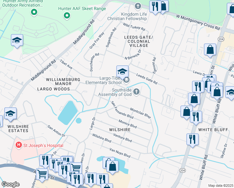 map of restaurants, bars, coffee shops, grocery stores, and more near 102 Coastal Place in Savannah