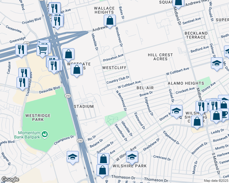 map of restaurants, bars, coffee shops, grocery stores, and more near 919 North Bentwood Drive in Midland