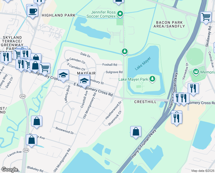 map of restaurants, bars, coffee shops, grocery stores, and more near 1607 Queensbury Street in Savannah