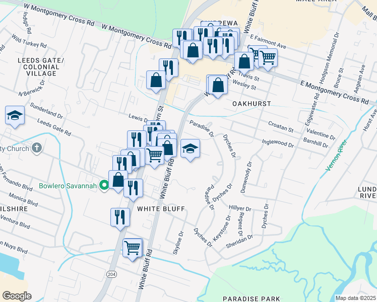 map of restaurants, bars, coffee shops, grocery stores, and more near 9902 White Bluff Road in Savannah