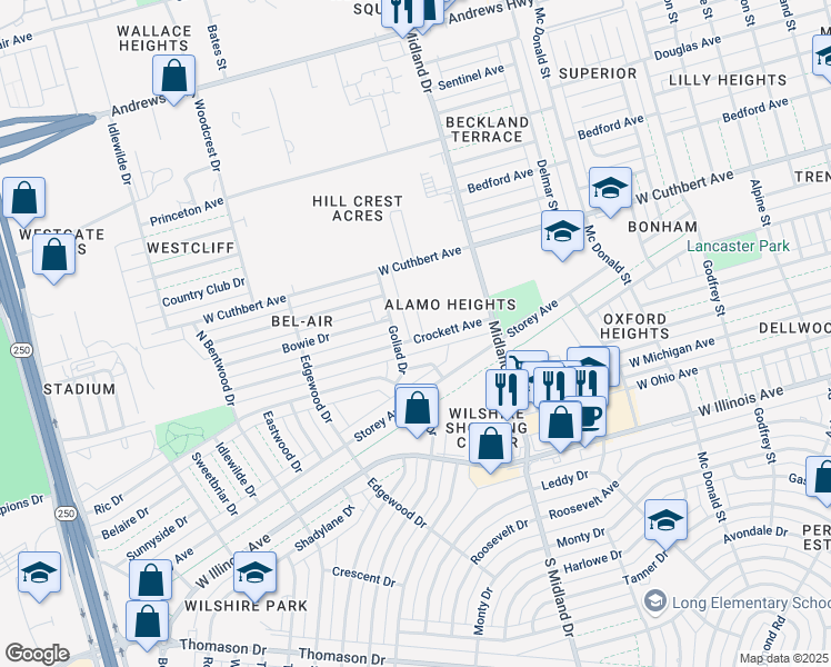 map of restaurants, bars, coffee shops, grocery stores, and more near 901 Alamo Dr in Midland