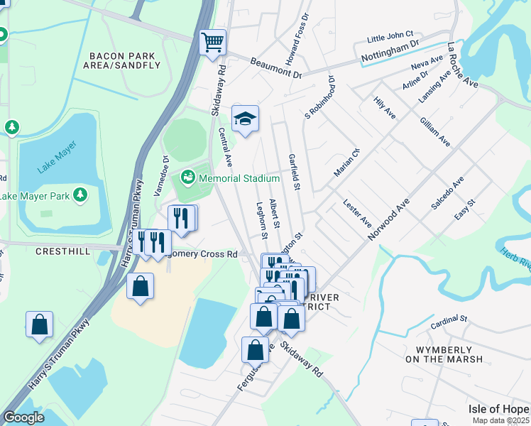 map of restaurants, bars, coffee shops, grocery stores, and more near 7328 Leghorn Street in Savannah
