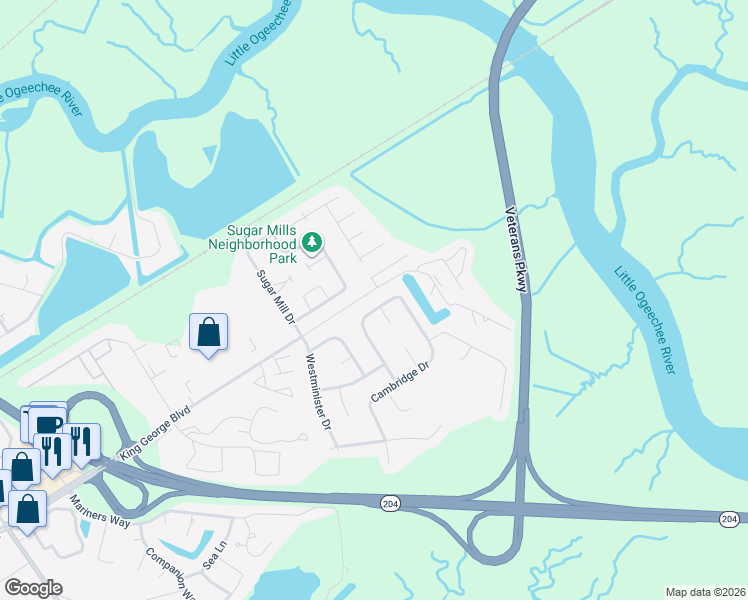 map of restaurants, bars, coffee shops, grocery stores, and more near 135 Stockbridge Drive in Savannah