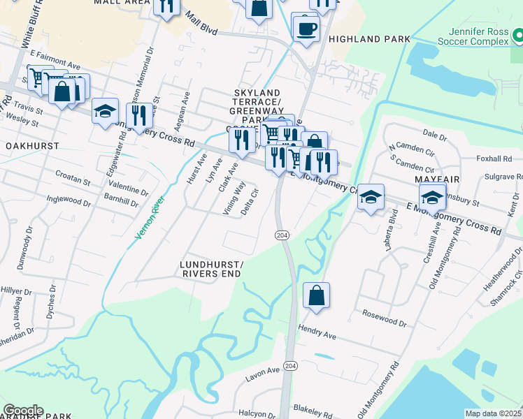 map of restaurants, bars, coffee shops, grocery stores, and more near 8505 Waters Avenue in Savannah
