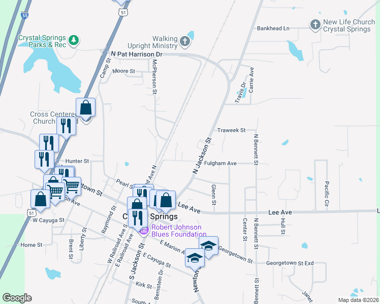map of restaurants, bars, coffee shops, grocery stores, and more near 198 Young Street in Crystal Springs