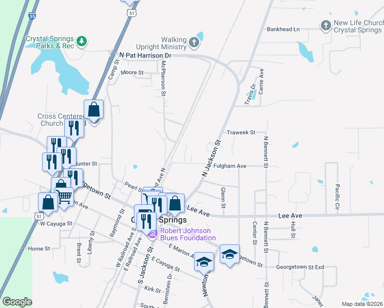 map of restaurants, bars, coffee shops, grocery stores, and more near 198 Young Street in Crystal Springs