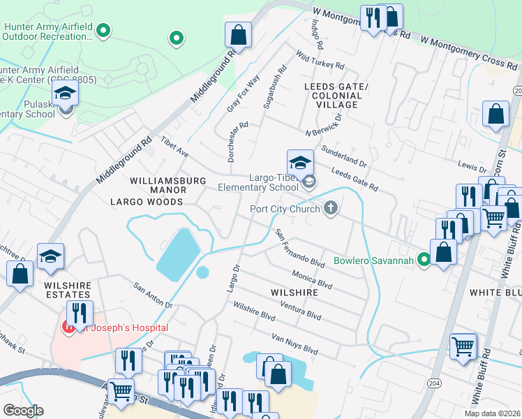 map of restaurants, bars, coffee shops, grocery stores, and more near 10911 Largo Drive in Savannah