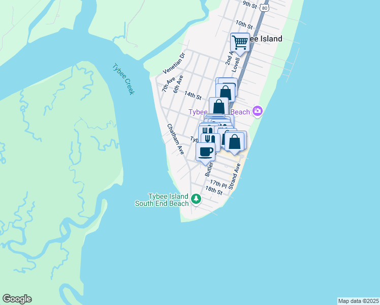 map of restaurants, bars, coffee shops, grocery stores, and more near 1612 Jones Avenue in Tybee Island