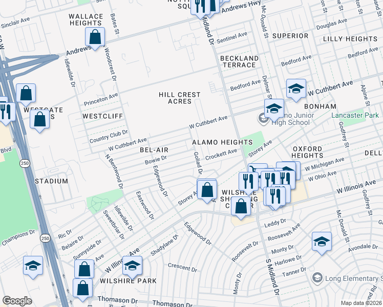 map of restaurants, bars, coffee shops, grocery stores, and more near 4603 Bowie Drive in Midland