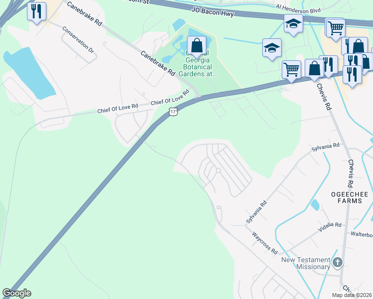 map of restaurants, bars, coffee shops, grocery stores, and more near 10 Ristona Drive in Savannah