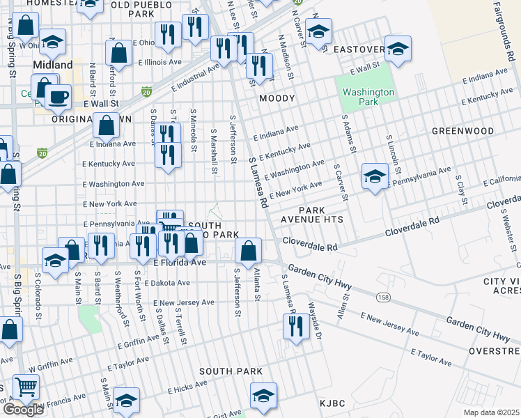 map of restaurants, bars, coffee shops, grocery stores, and more near 604 South Lamesa Road in Midland