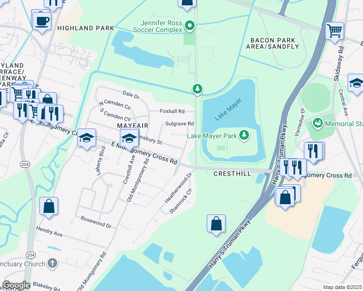 map of restaurants, bars, coffee shops, grocery stores, and more near 1614 Queensbury Street in Savannah