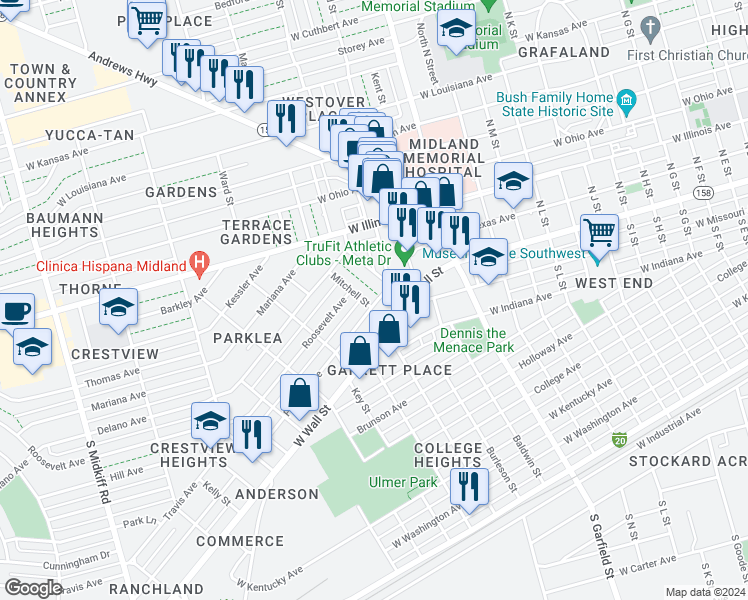 map of restaurants, bars, coffee shops, grocery stores, and more near 200 Mitchell Street in Midland