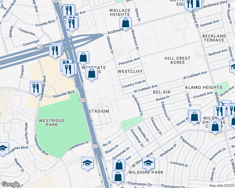 map of restaurants, bars, coffee shops, grocery stores, and more near 4806 West Cuthbert Avenue in Midland