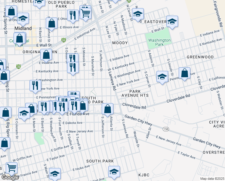 map of restaurants, bars, coffee shops, grocery stores, and more near 604 South Lamesa Road in Midland