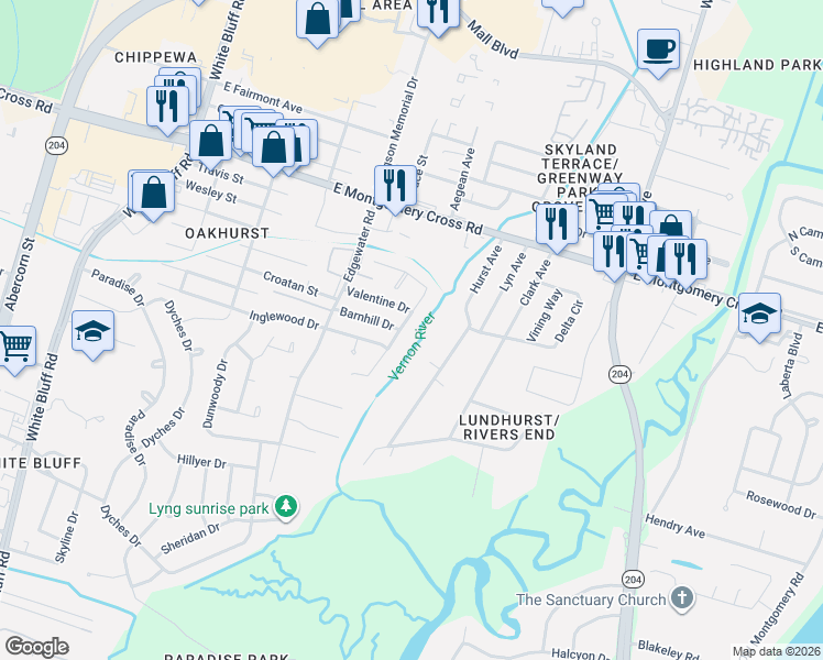 map of restaurants, bars, coffee shops, grocery stores, and more near 8902 Harmon Bluff Road in Savannah