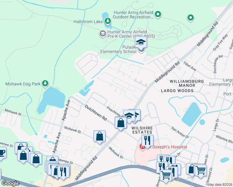 map of restaurants, bars, coffee shops, grocery stores, and more near 8 Forest Ridge Court in Savannah