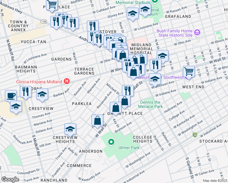 map of restaurants, bars, coffee shops, grocery stores, and more near 2607 Roosevelt Avenue in Midland