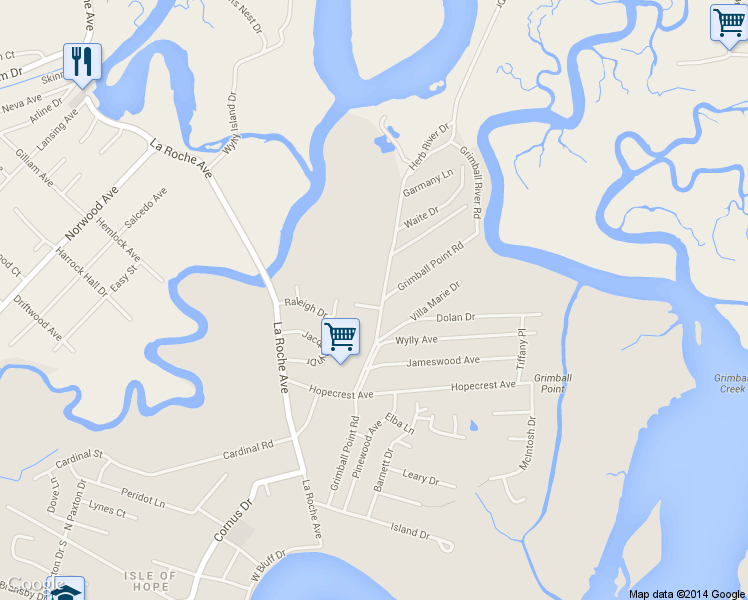 map of restaurants, bars, coffee shops, grocery stores, and more near 41 Grimball Point Road in Savannah