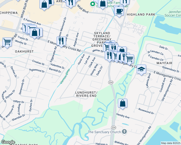 map of restaurants, bars, coffee shops, grocery stores, and more near 8535 Vining Way in Savannah