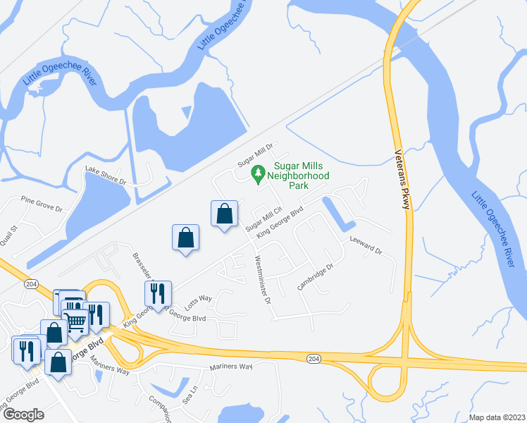 map of restaurants, bars, coffee shops, grocery stores, and more near 103 Huckleberry Court in Savannah