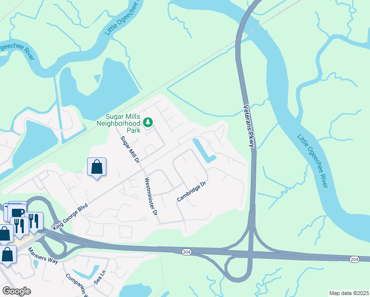 map of restaurants, bars, coffee shops, grocery stores, and more near 135 Stockbridge Drive in Savannah