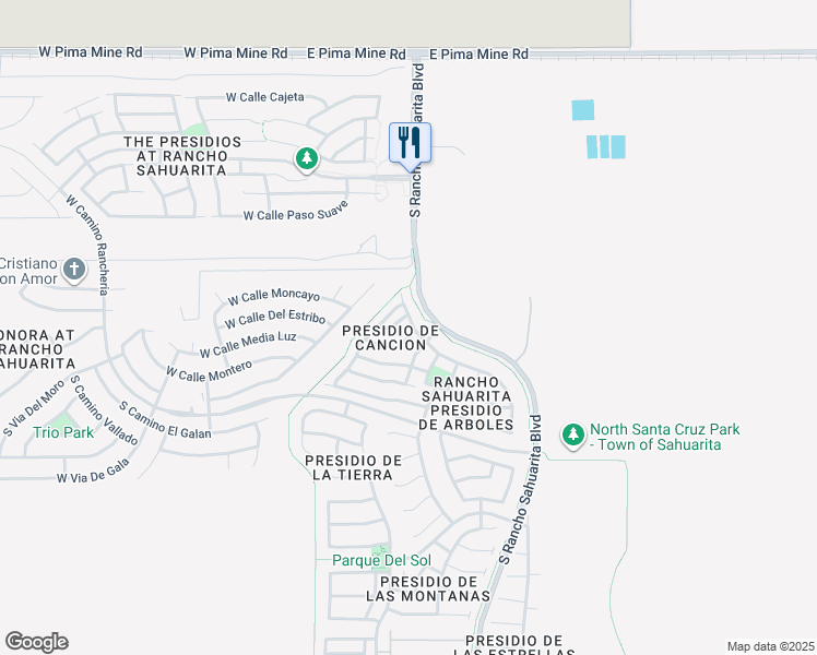 map of restaurants, bars, coffee shops, grocery stores, and more near 14218 South Vía Horma in Sahuarita