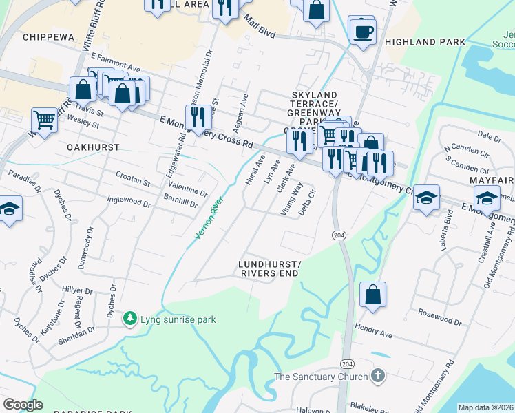 map of restaurants, bars, coffee shops, grocery stores, and more near 8616 Lyn Avenue in Savannah