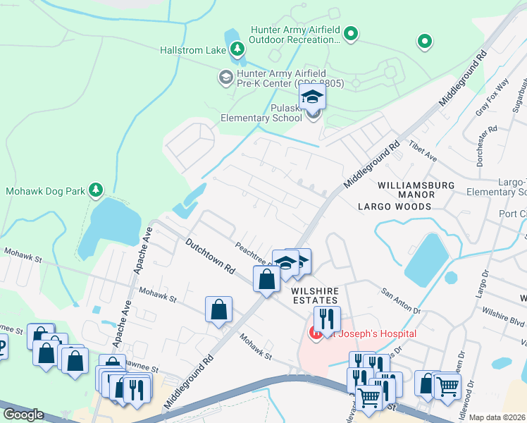 map of restaurants, bars, coffee shops, grocery stores, and more near 8 Forest Ridge Court in Savannah