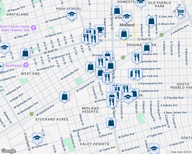 map of restaurants, bars, coffee shops, grocery stores, and more near 604 South Pecos Street in Midland