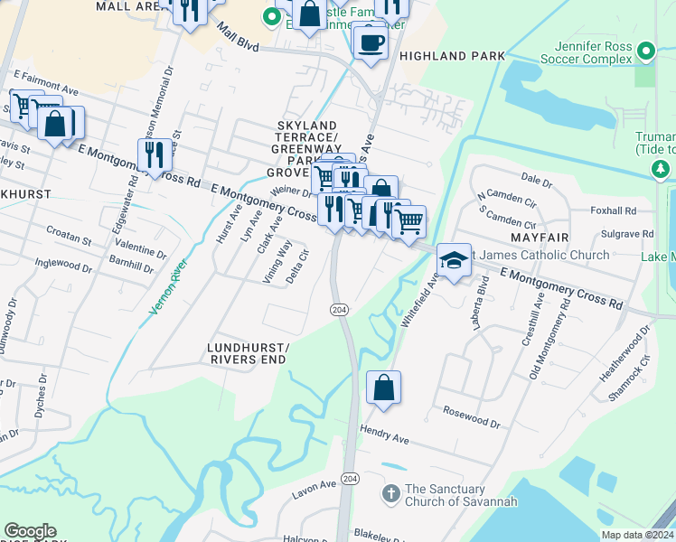 map of restaurants, bars, coffee shops, grocery stores, and more near 8605 Gohler Avenue in Savannah