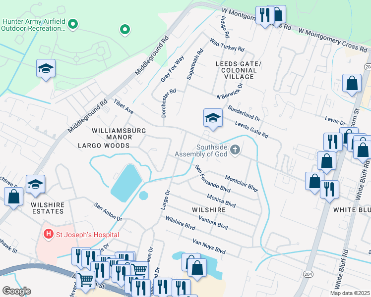 map of restaurants, bars, coffee shops, grocery stores, and more near 10911 Largo Drive in Savannah
