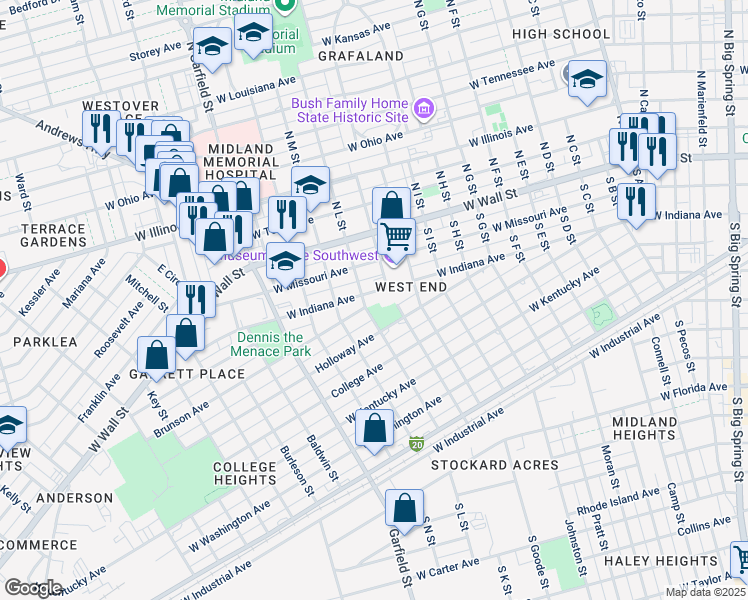 map of restaurants, bars, coffee shops, grocery stores, and more near 1801 W Indiana Ave in Midland