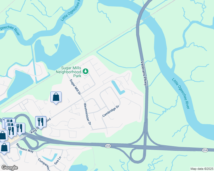 map of restaurants, bars, coffee shops, grocery stores, and more near 135 Stockbridge Drive in Savannah