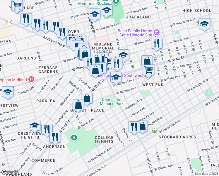 map of restaurants, bars, coffee shops, grocery stores, and more near 2101 West Missouri Avenue in Midland