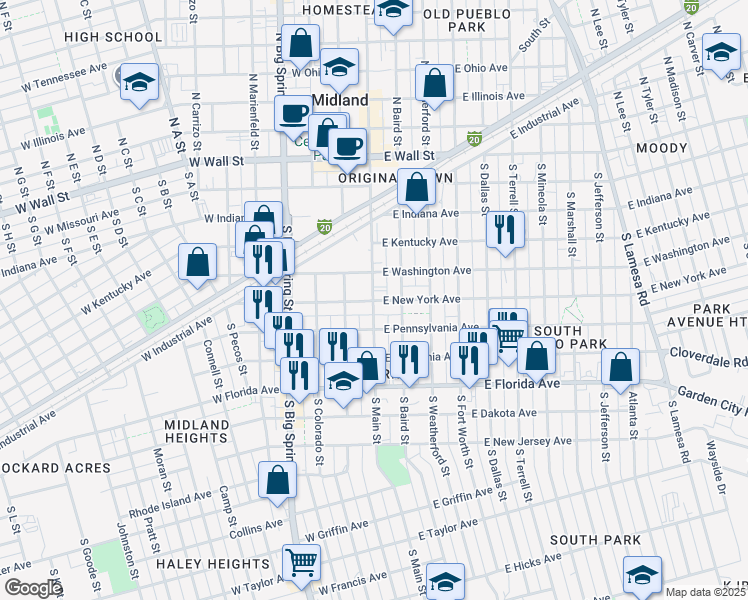 map of restaurants, bars, coffee shops, grocery stores, and more near 106 East New York Avenue in Midland