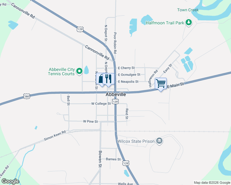 map of restaurants, bars, coffee shops, grocery stores, and more near U.S. 129 & U.S. 280 in Abbeville