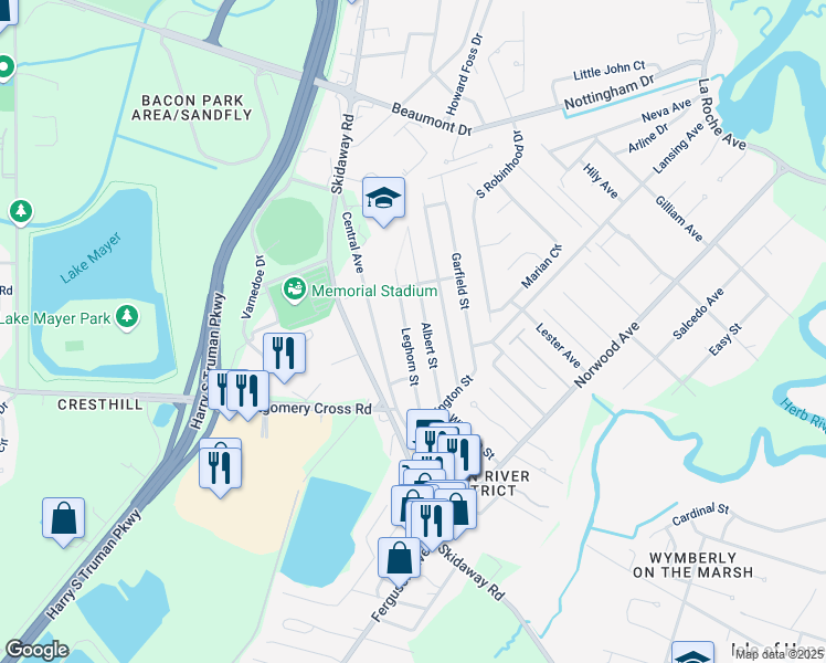 map of restaurants, bars, coffee shops, grocery stores, and more near 7328 Leghorn Street in Savannah