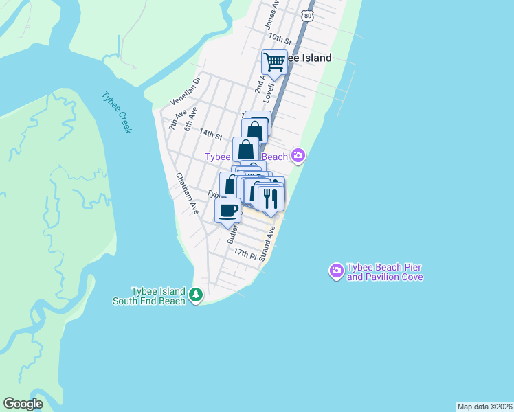 map of restaurants, bars, coffee shops, grocery stores, and more near 17 Tybrisa Street in Tybee Island